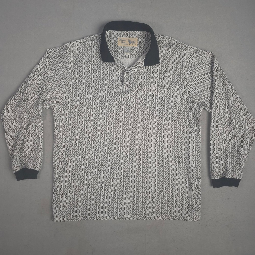 Lions Den By Haband Mens L Geometric Print Long Sleeve Collared Polo Shirt